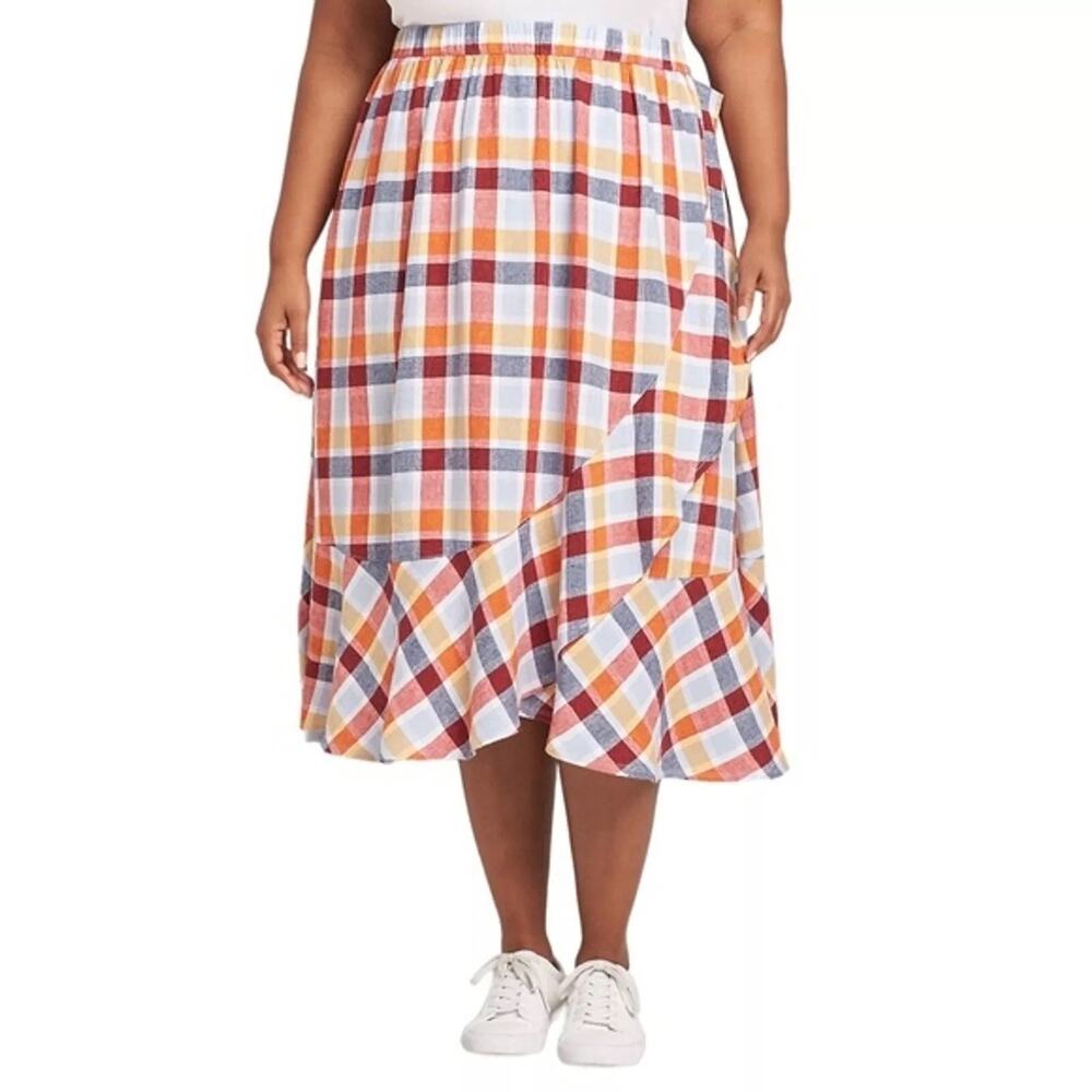 Lane Bryant Linen Faux-Wrap Ruffle A-Line Skirt Soirée Plaid Women’s Size 14/16